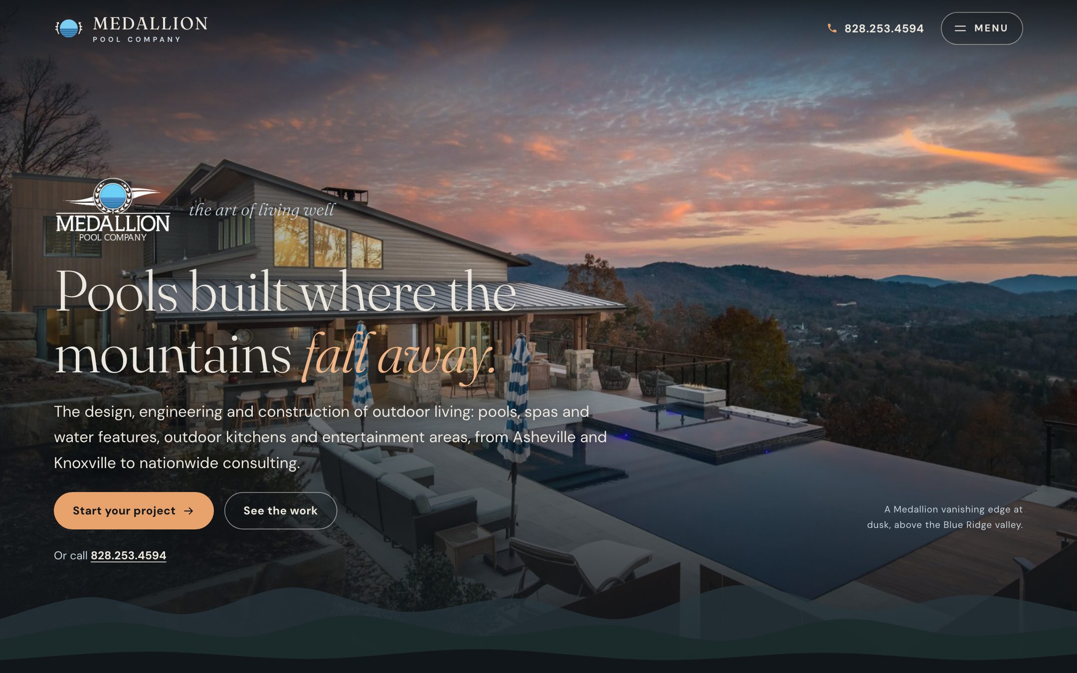 Medallion Pool Company — "Above the Valley" direction: home page, first screen on a laptop